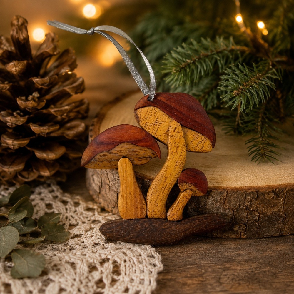 Handmade Wooden Mushroom Ornament Intarsia Woodland Nature Decor Brown 3.5 Inch